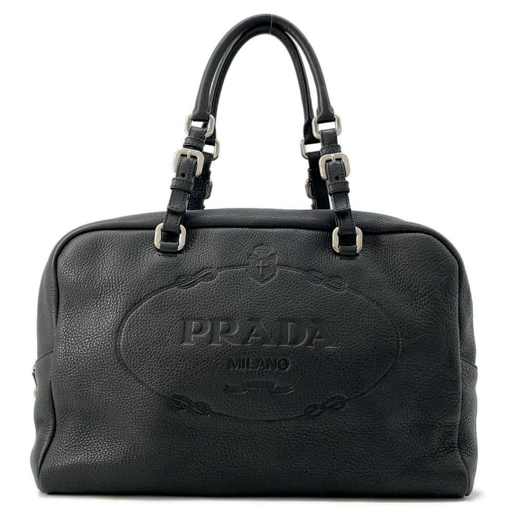 Prada handbag embossed logo leather Boston bag black